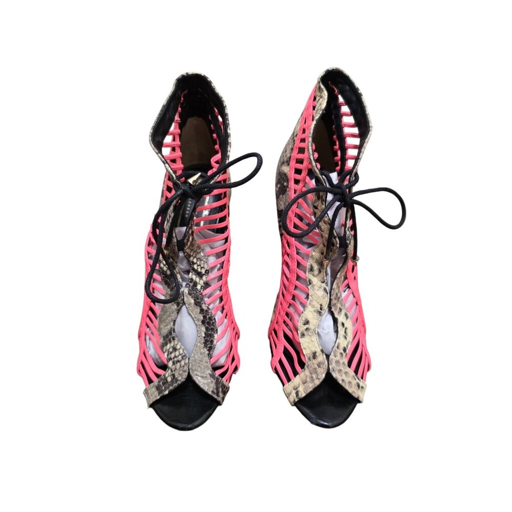Ted Baker London Neon Pink‎ & Snakeskin Lace-Up Open Toe Heels Size 37.5